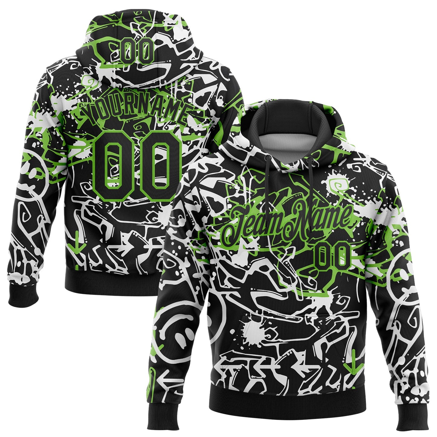 Custom Stitched Graffiti Pattern Black-Aurora Green 3D Abstract Grunge Art Sports Pullover Sweatshirt Hoodie - Main View
