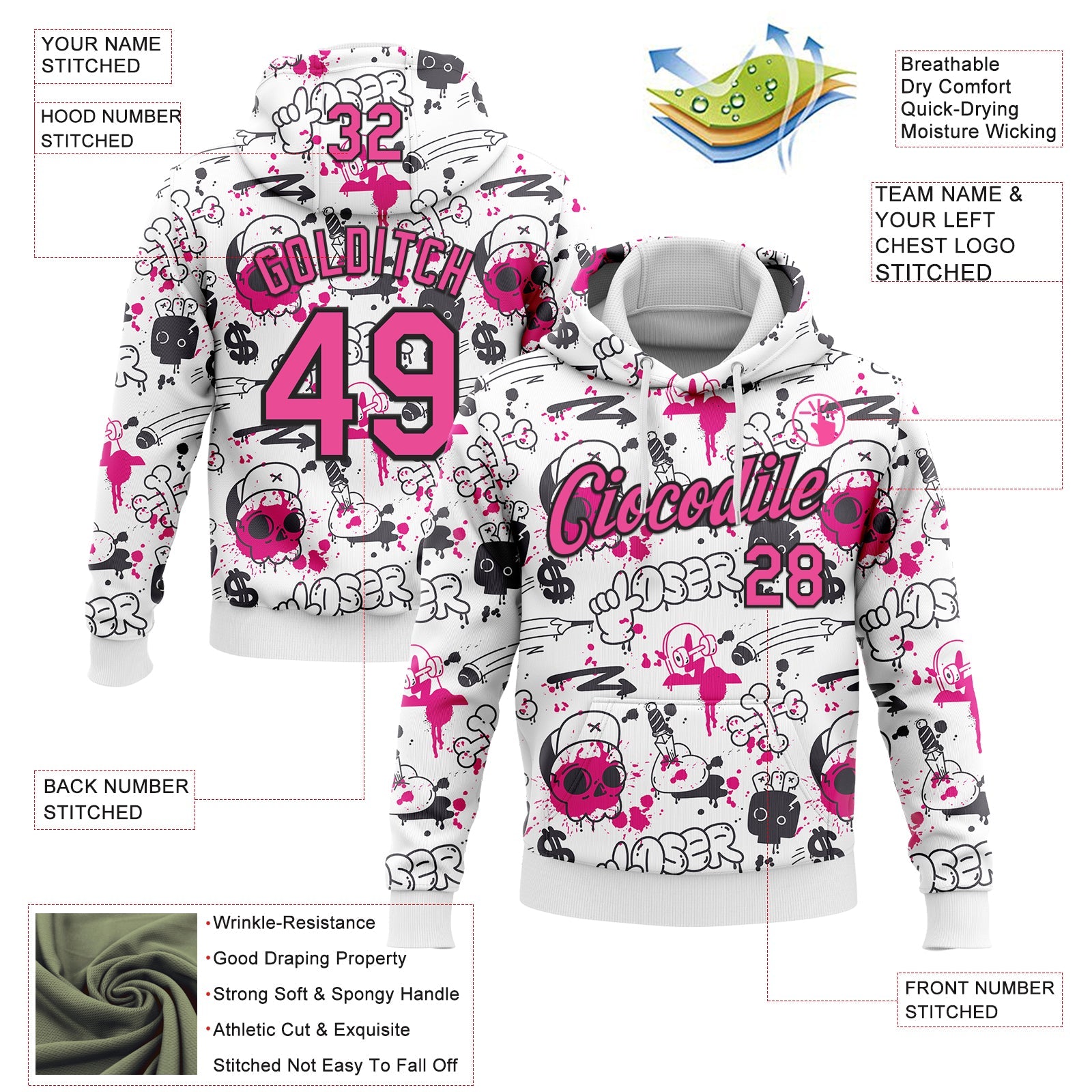 Custom Stitched Graffiti Pattern Pink-Black 3D Abstract Grunge Art Sports Pullover Sweatshirt Hoodie view 2