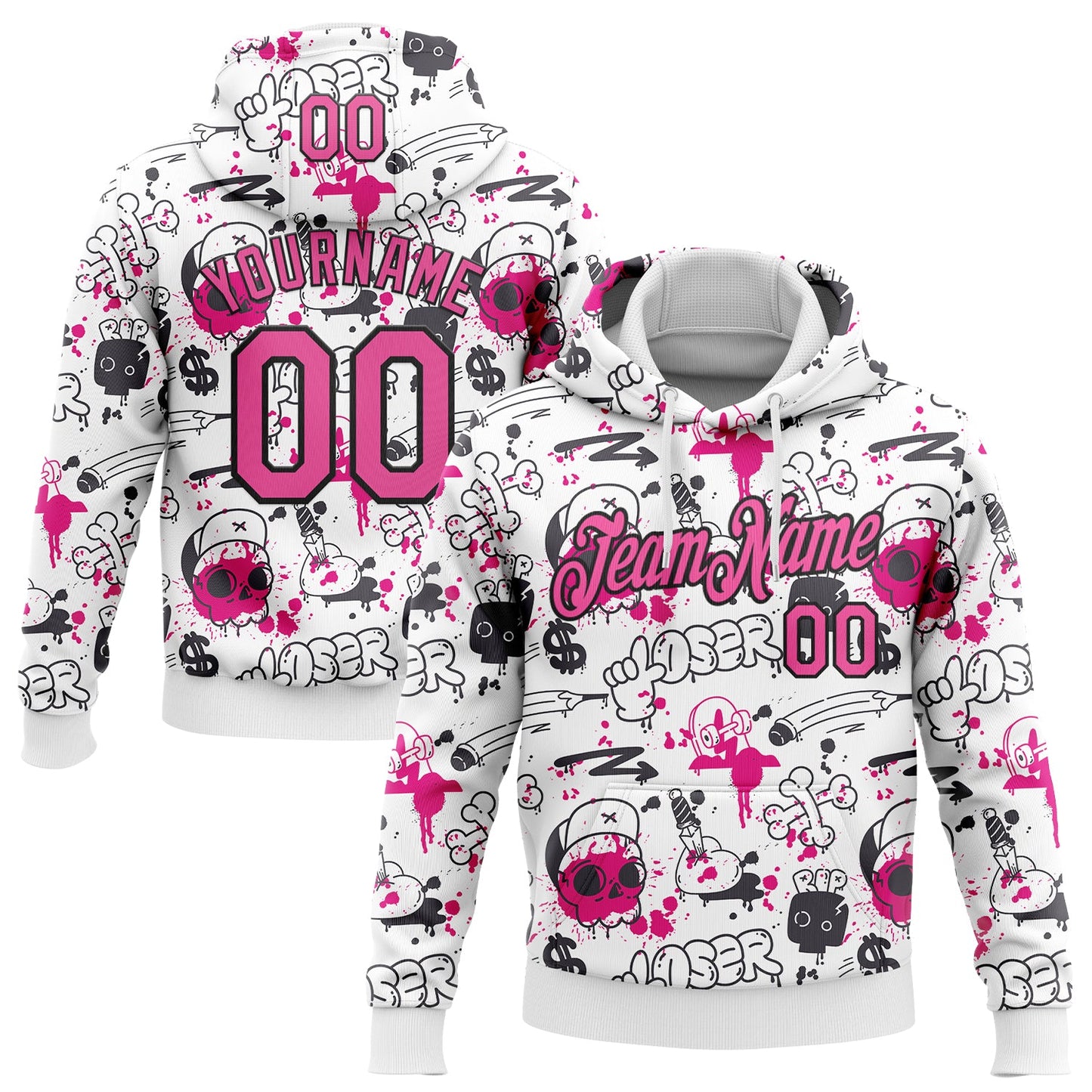 Custom Stitched Graffiti Pattern Pink-Black 3D Abstract Grunge Art Sports Pullover Sweatshirt Hoodie - Main View