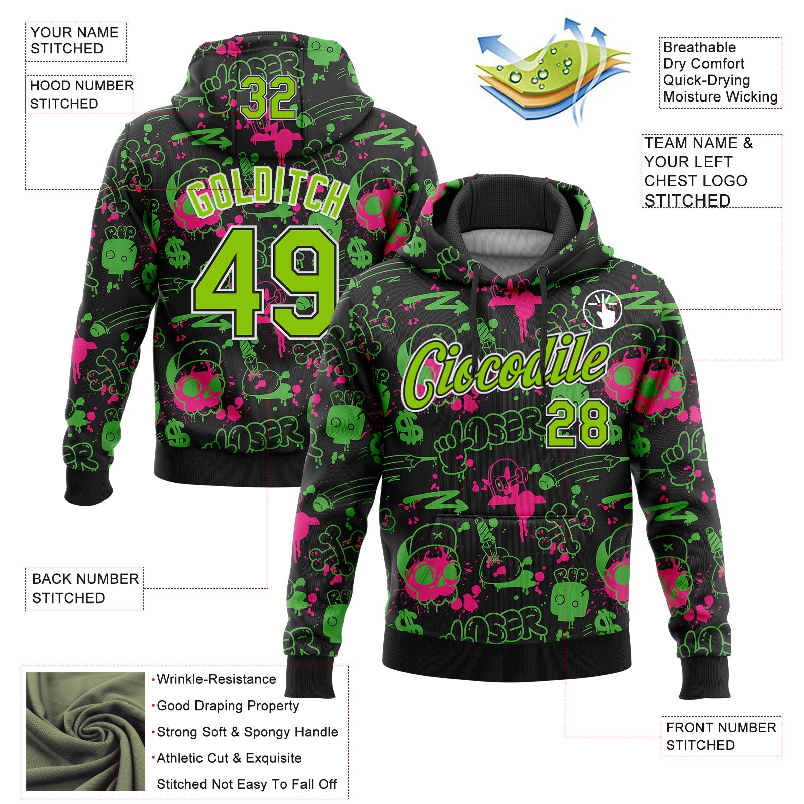 Custom Stitched Graffiti Pattern Neon Green Black-White 3D Abstract Grunge Art Sports Pullover Sweatshirt Hoodie view 2