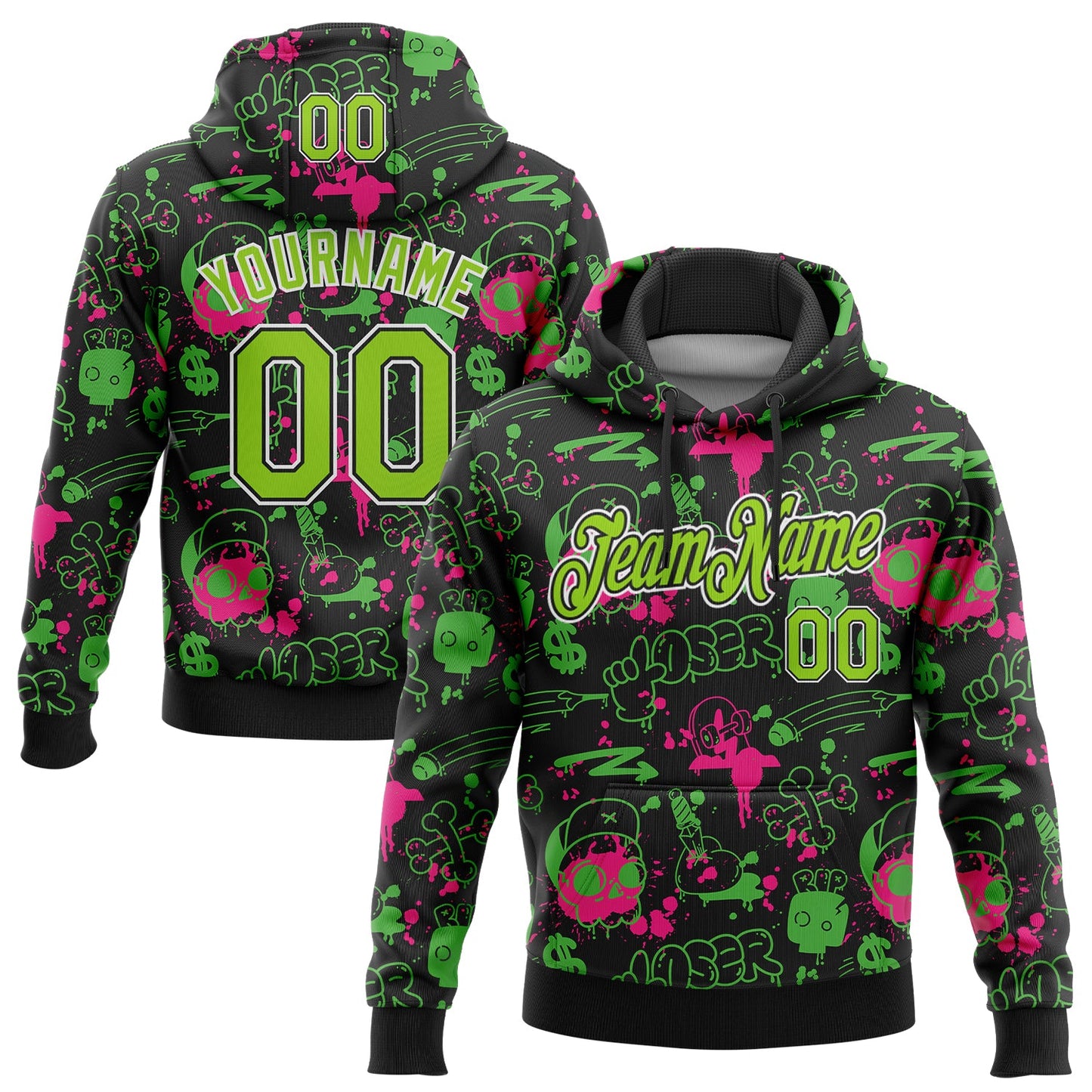 Custom Stitched Graffiti Pattern Neon Green Black-White 3D Abstract Grunge Art Sports Pullover Sweatshirt Hoodie - Main View