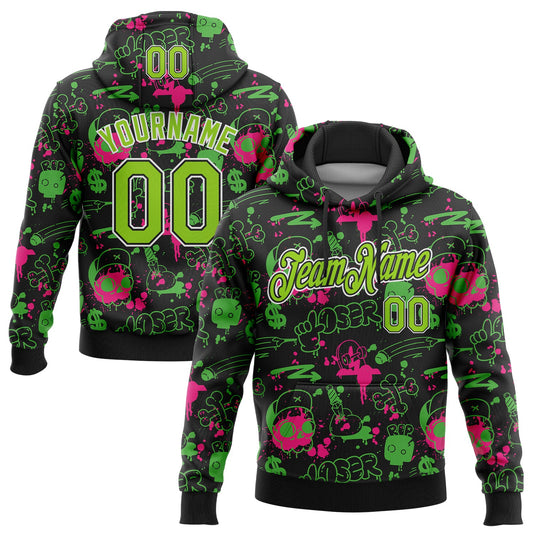 Custom Stitched Graffiti Pattern Neon Green Black-White 3D Abstract Grunge Art Sports Pullover Sweatshirt Hoodie - Main View