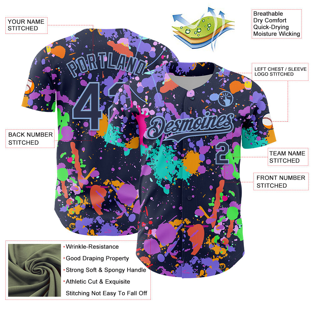 Custom Graffiti Pattern Navy-Light Blue Authentic Baseball Jersey view 3