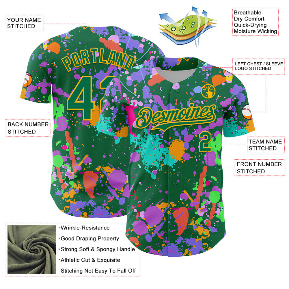 Custom Graffiti Pattern Kelly Green-Gold Authentic Baseball Jersey view 3