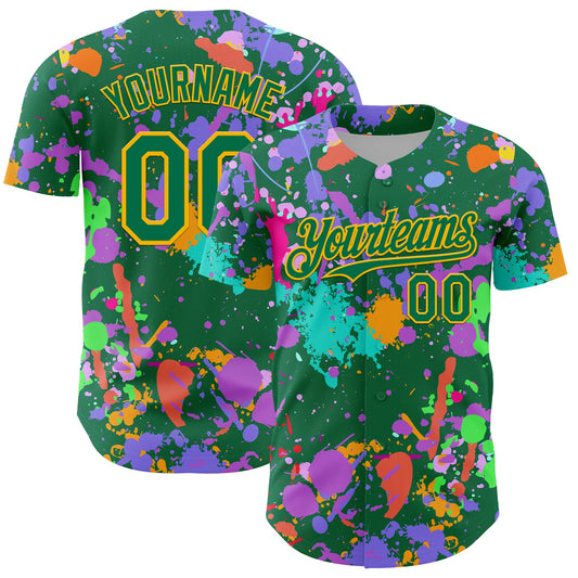 Custom Graffiti Pattern Kelly Green-Gold Authentic Baseball Jersey - Main View