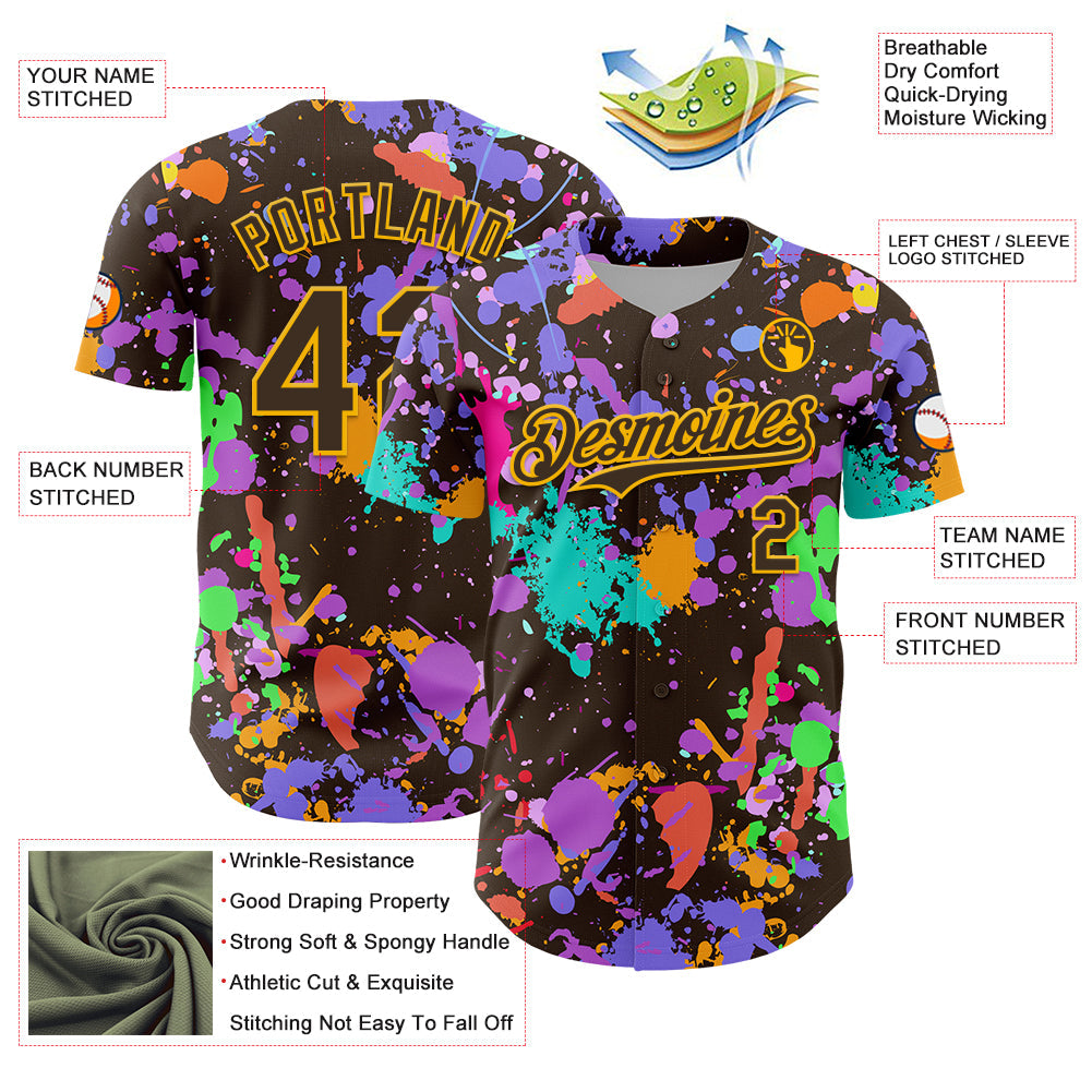 Custom Graffiti Pattern Brown-Gold Authentic Baseball Jersey view 3