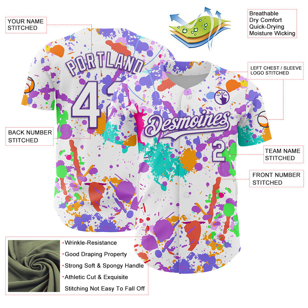 Custom Graffiti Pattern White-Purple Authentic Baseball Jersey view 3
