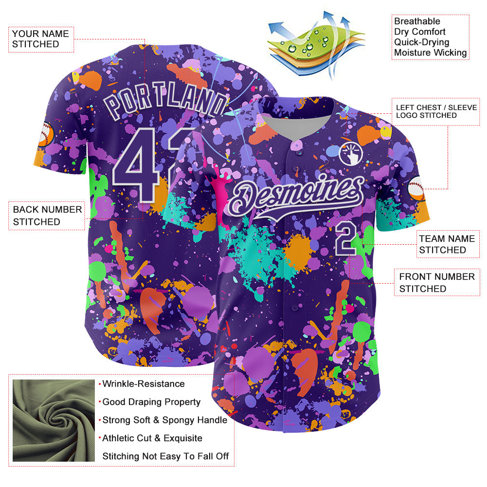 Custom Graffiti Pattern Purple-White Authentic Baseball Jersey view 3