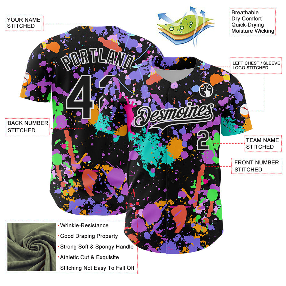 Custom Graffiti Pattern Black-White Authentic Baseball Jersey view 3