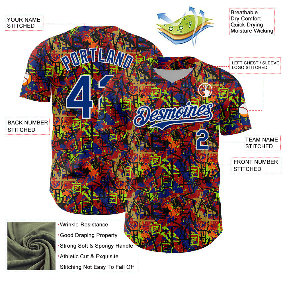 Custom Graffiti Pattern Royal-White Splatter Authentic Baseball Jersey view 3