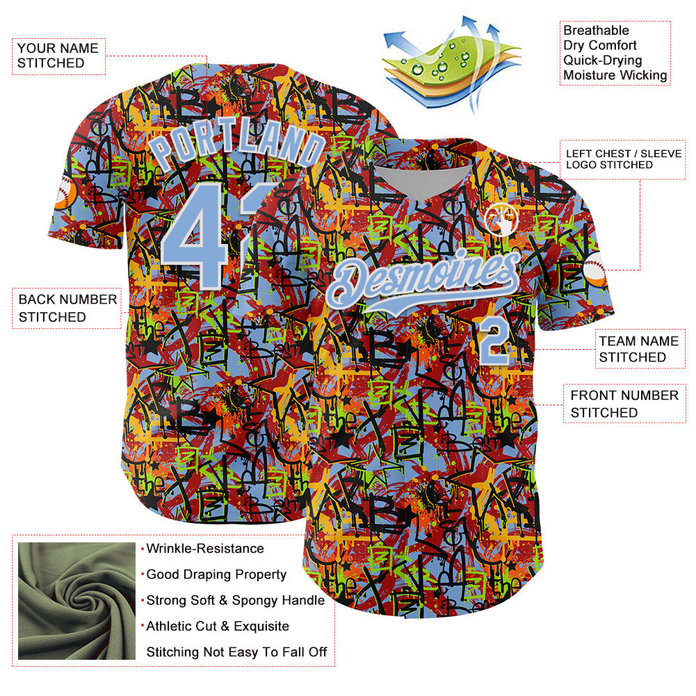 Custom Graffiti Pattern Light Blue-White Splatter Authentic Baseball Jersey view 3