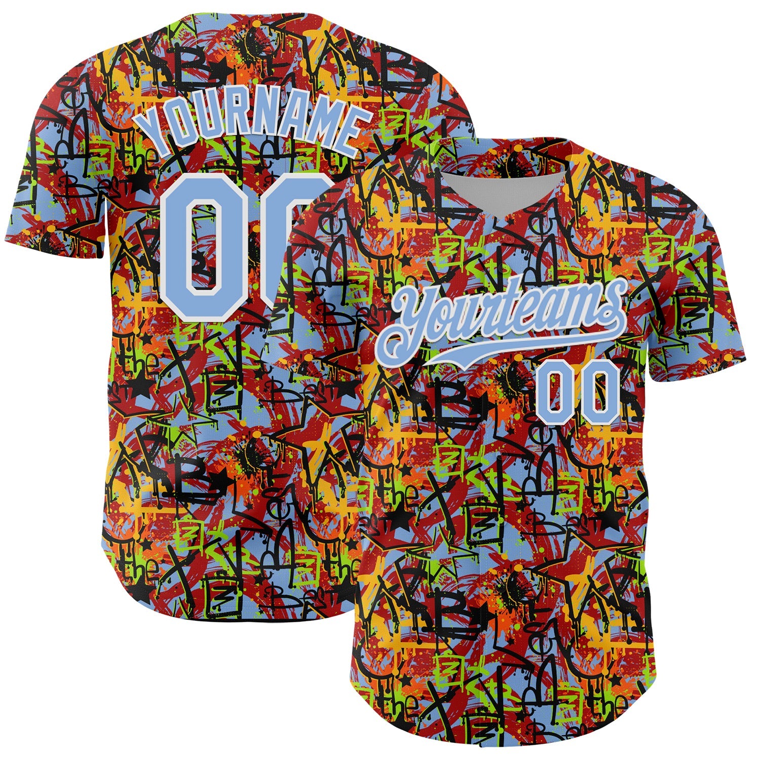 Custom Graffiti Pattern Light Blue-White Splatter Authentic Baseball Jersey - Main View