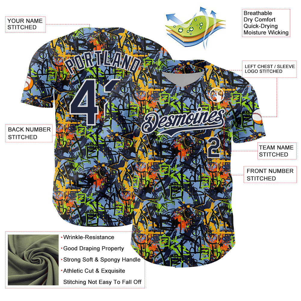 Custom Graffiti Pattern Navy-White Splatter Authentic Baseball Jersey view 3