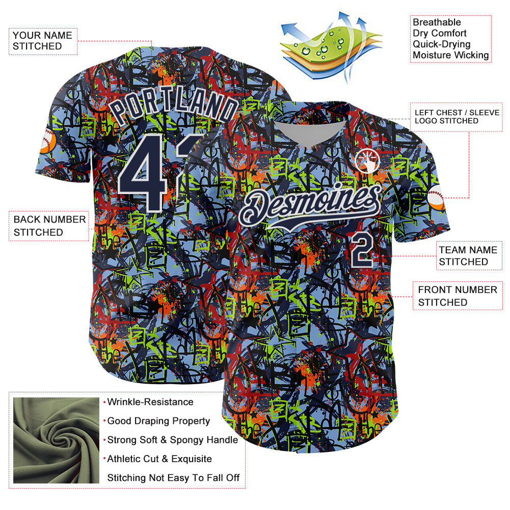 Custom Graffiti Pattern Navy-White Splatter Authentic Baseball Jersey view 3