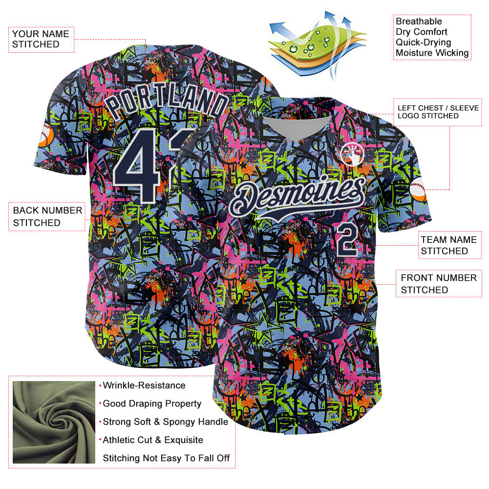 Custom Graffiti Pattern Navy-White Splatter Authentic Baseball Jersey view 3