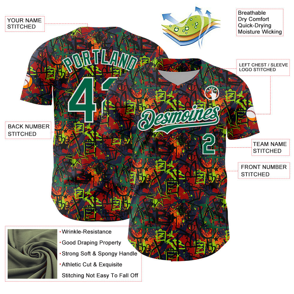 Custom Graffiti Pattern Kelly Green-White Splatter Authentic Baseball Jersey view 3