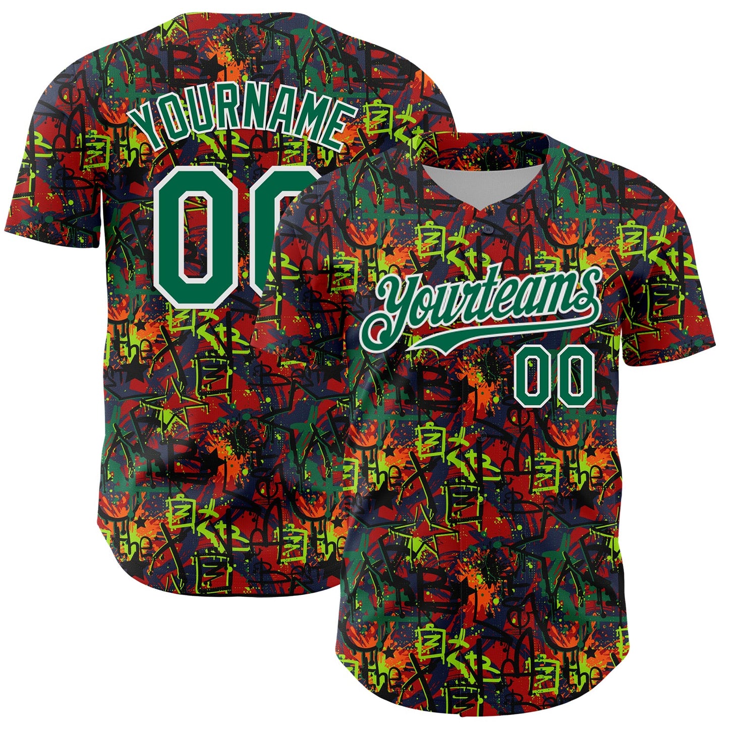 Custom Graffiti Pattern Kelly Green-White Splatter Authentic Baseball Jersey - Main View