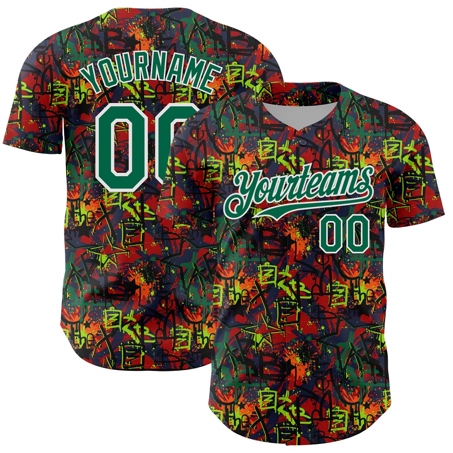 Custom Graffiti Pattern Kelly Green-White Splatter Authentic Baseball Jersey - Main View