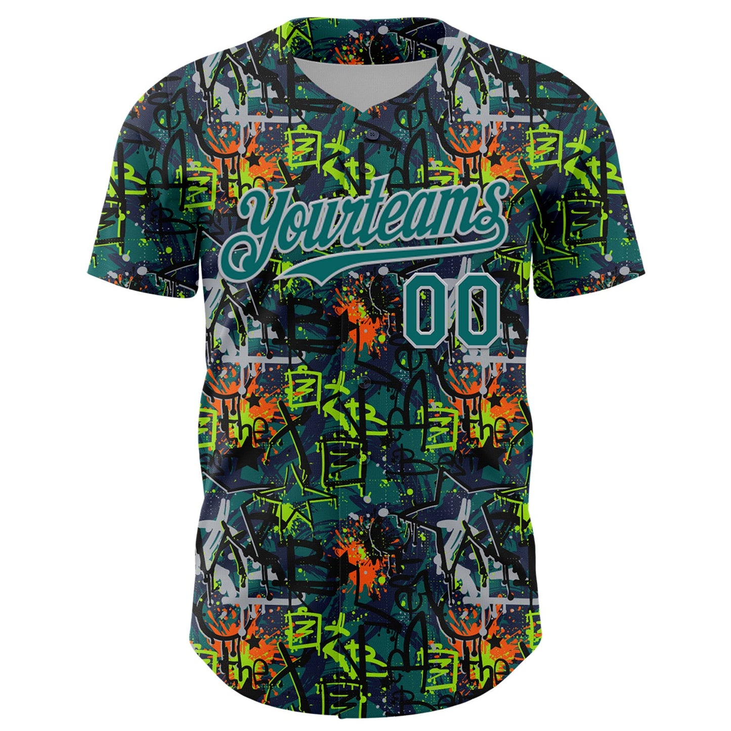 Custom Graffiti Pattern Teal-Gray Splatter Authentic Baseball Jersey view 2