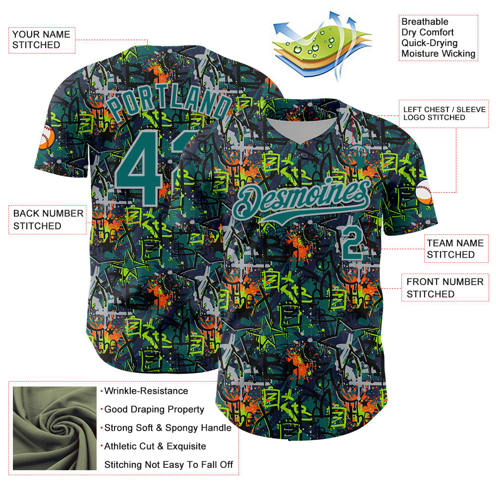 Custom Graffiti Pattern Teal-Gray Splatter Authentic Baseball Jersey view 3