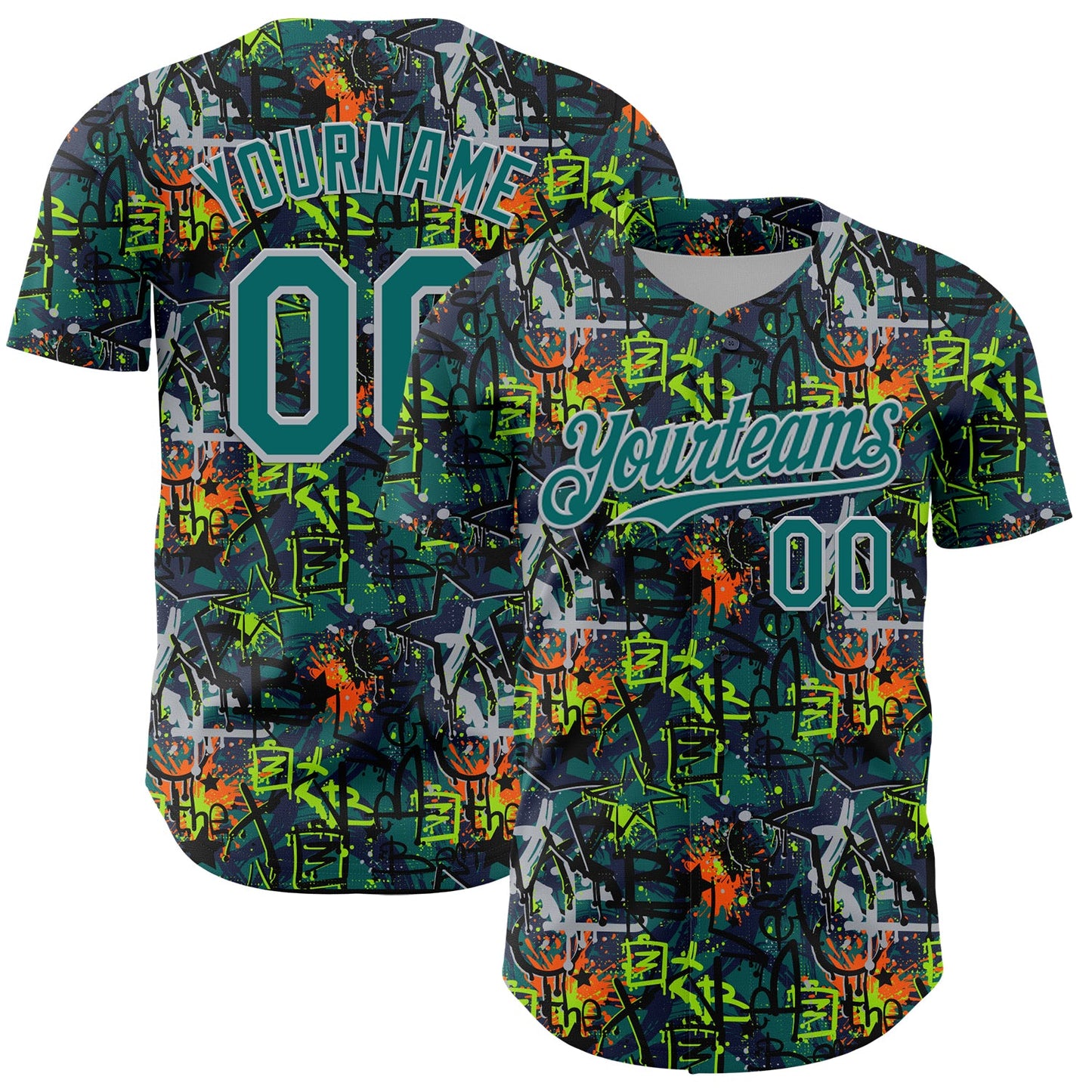 Custom Graffiti Pattern Teal-Gray Splatter Authentic Baseball Jersey - Main View