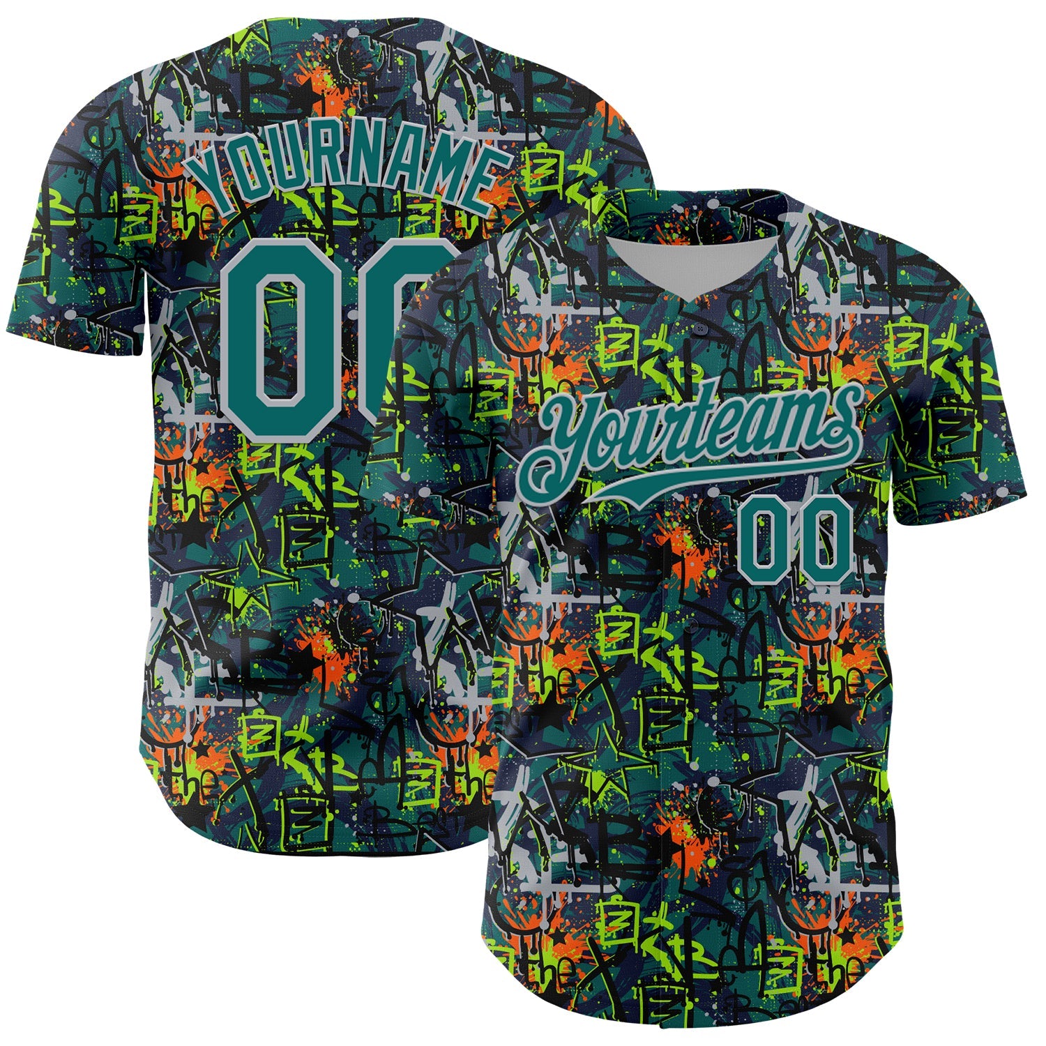 Custom Graffiti Pattern Teal-Gray Splatter Authentic Baseball Jersey - Main View