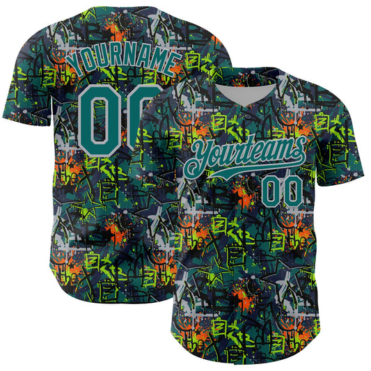 Custom Graffiti Pattern Teal-Gray Splatter Authentic Baseball Jersey - Main View