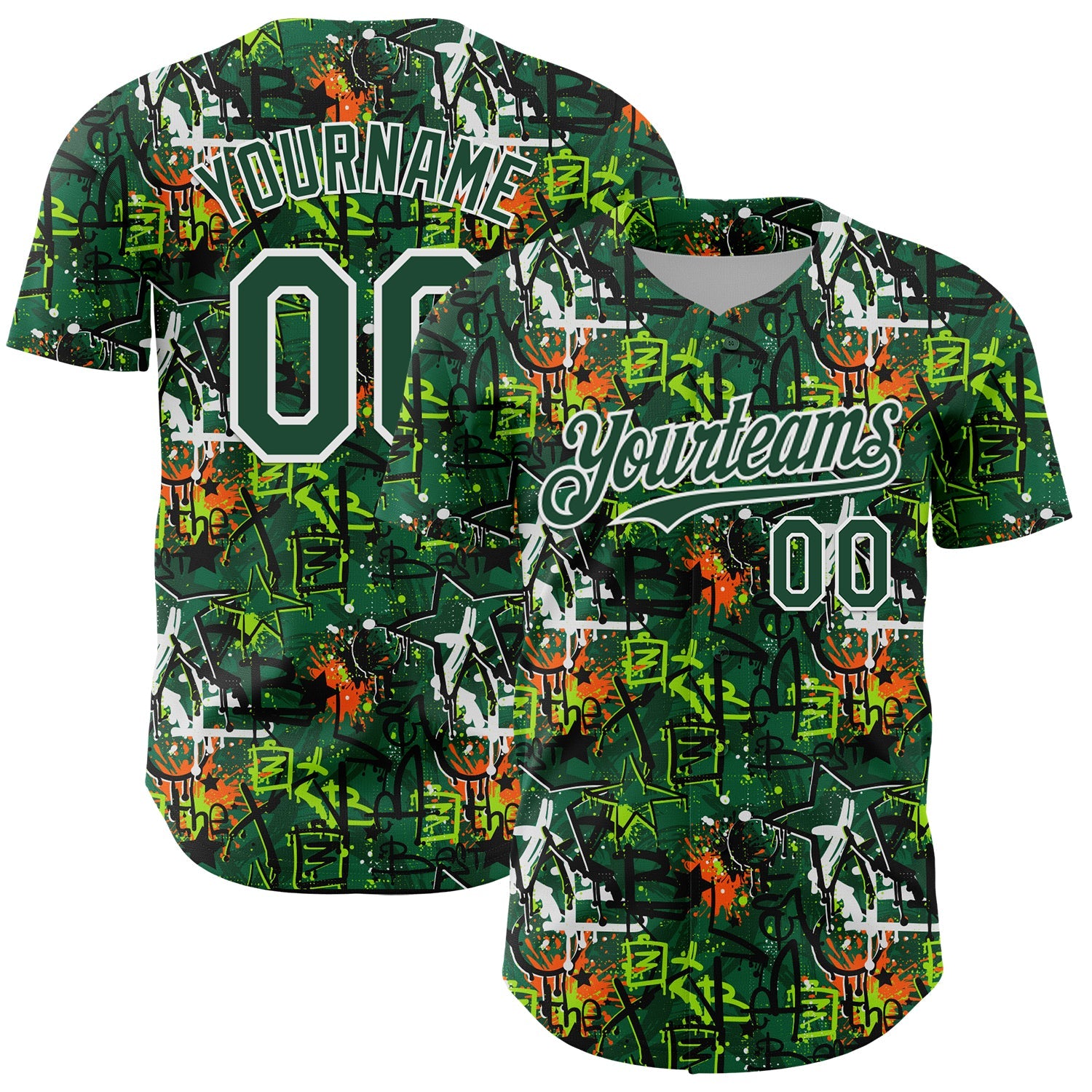 Custom Graffiti Pattern Green-White Splatter Authentic Baseball Jersey - Main View