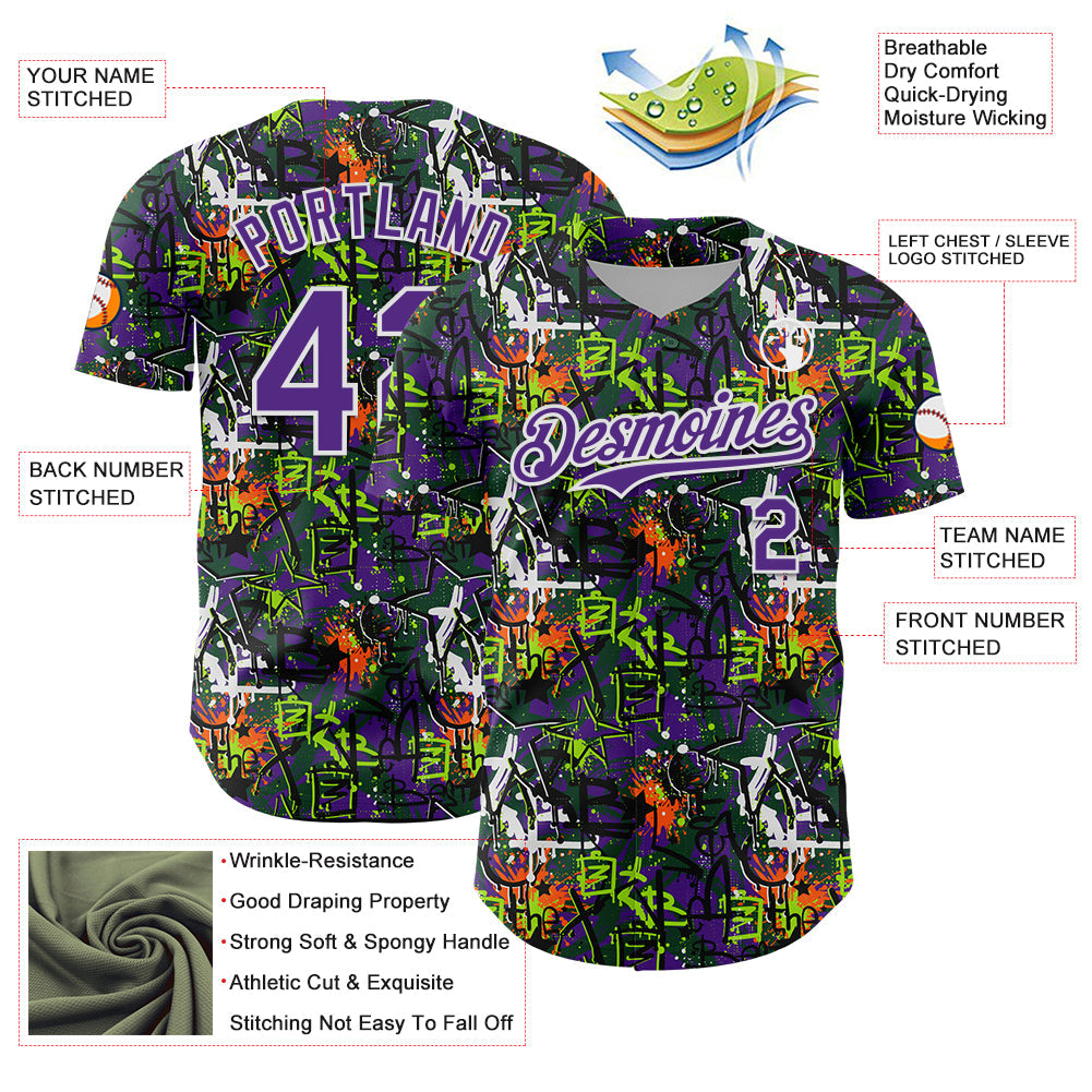 Custom Graffiti Pattern Purple-White Splatter Authentic Baseball Jersey view 3