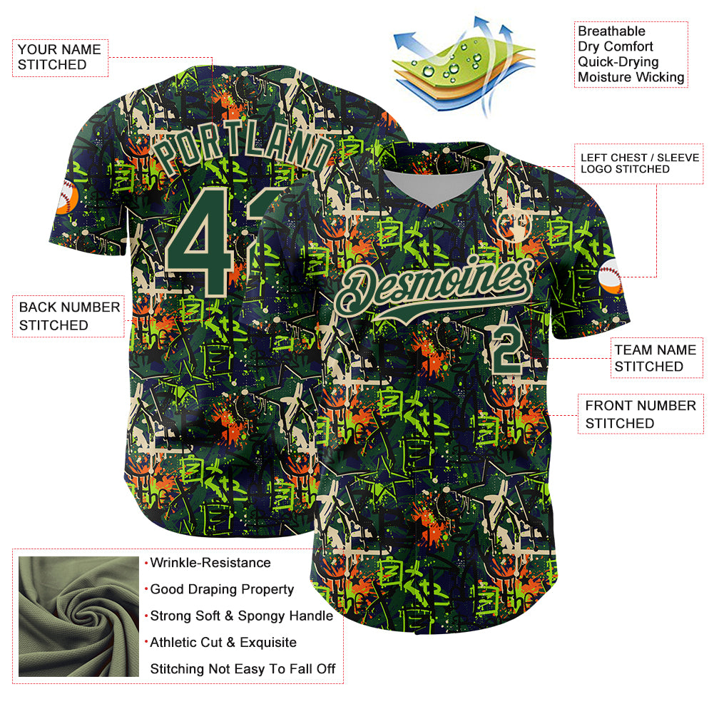 Custom Graffiti Pattern Green-Cream Splatter Authentic Baseball Jersey view 3