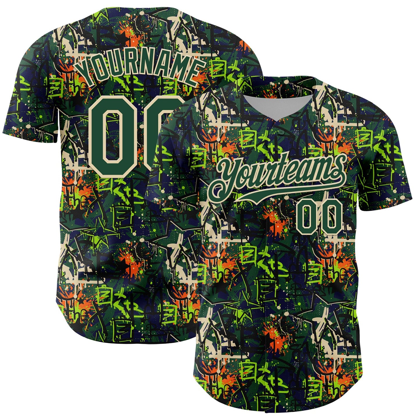 Custom Graffiti Pattern Green-Cream Splatter Authentic Baseball Jersey - Main View