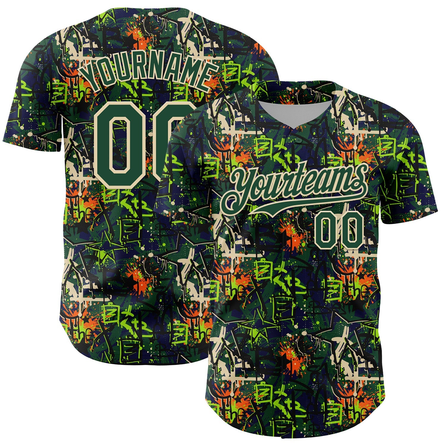 Custom Graffiti Pattern Green-Cream Splatter Authentic Baseball Jersey - Main View