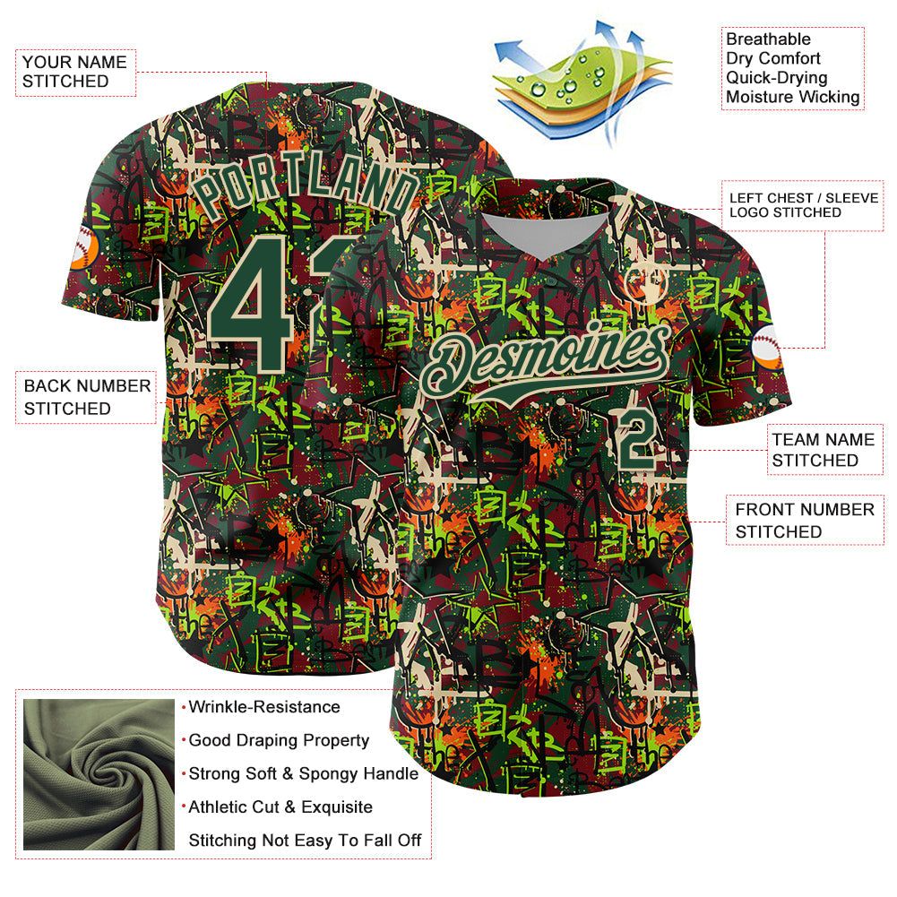 Custom Graffiti Pattern Green-Cream Splatter Authentic Baseball Jersey view 3