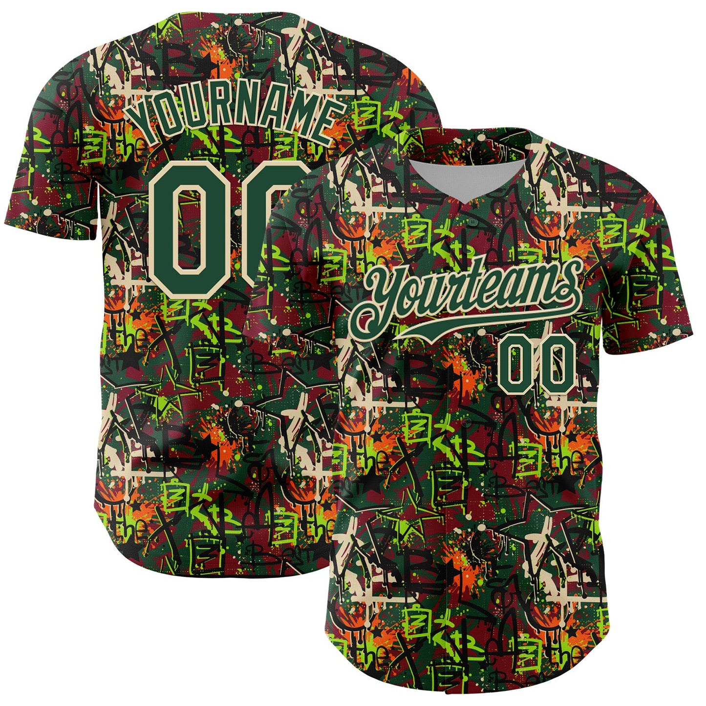 Custom Graffiti Pattern Green-Cream Splatter Authentic Baseball Jersey - Main View
