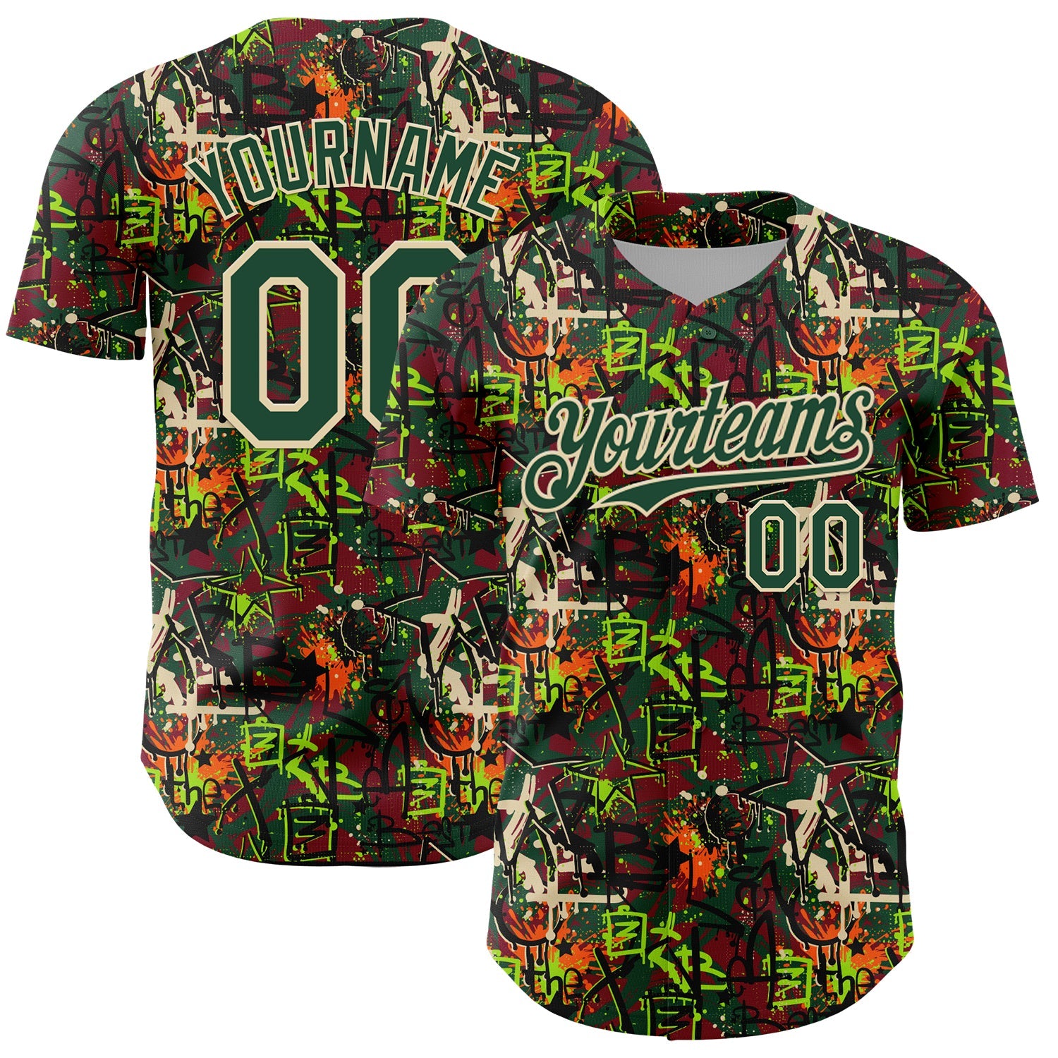 Custom Graffiti Pattern Green-Cream Splatter Authentic Baseball Jersey - Main View