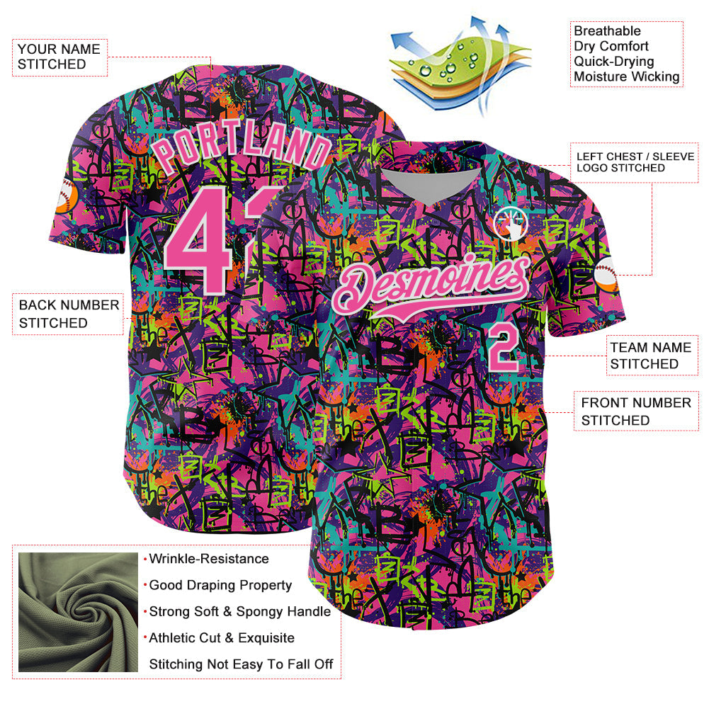 Custom Graffiti Pattern Pink-White Splatter Authentic Baseball Jersey view 3