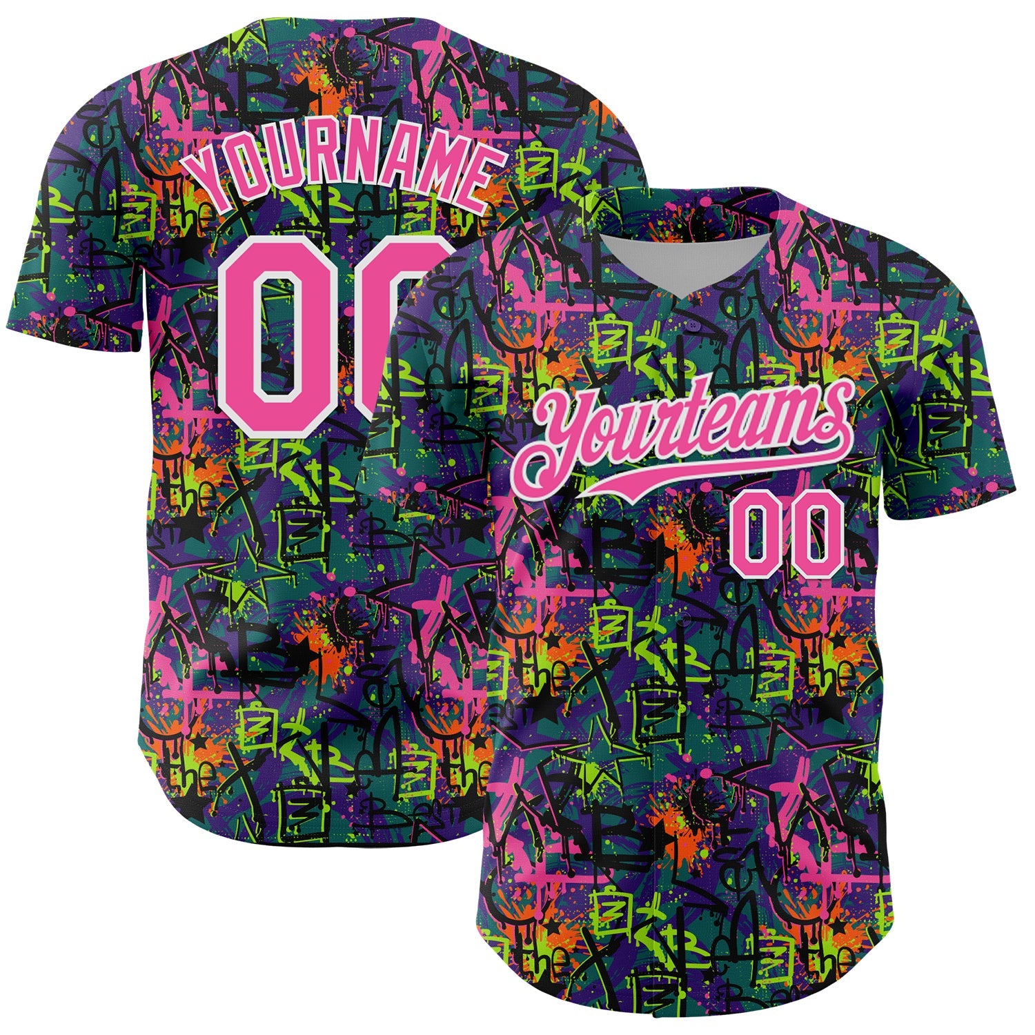 Custom Graffiti Pattern Pink-White Splatter Authentic Baseball Jersey - Main View