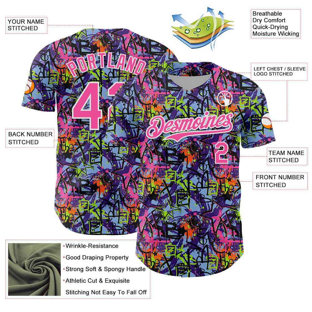 Custom Graffiti Pattern Pink-White Splatter Authentic Baseball Jersey view 3