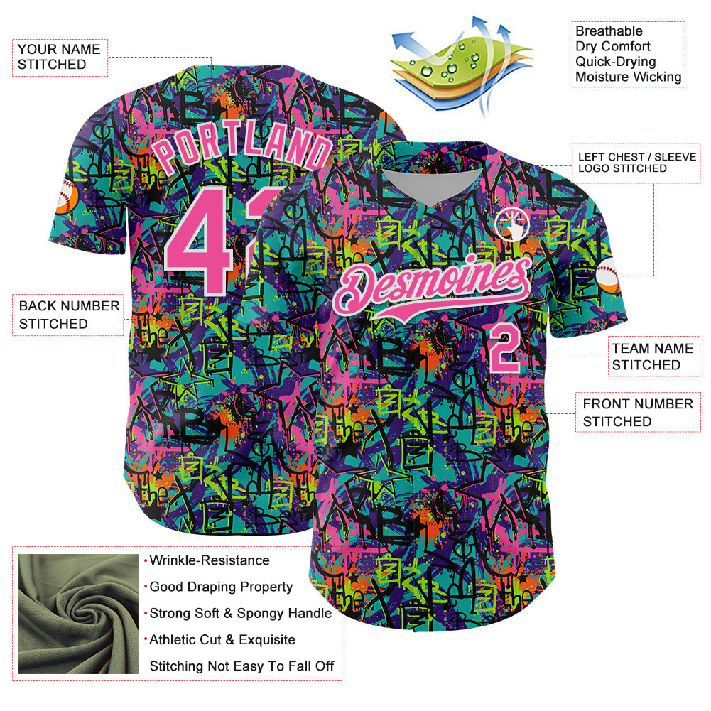 Custom Graffiti Pattern Pink-White Splatter Authentic Baseball Jersey view 3