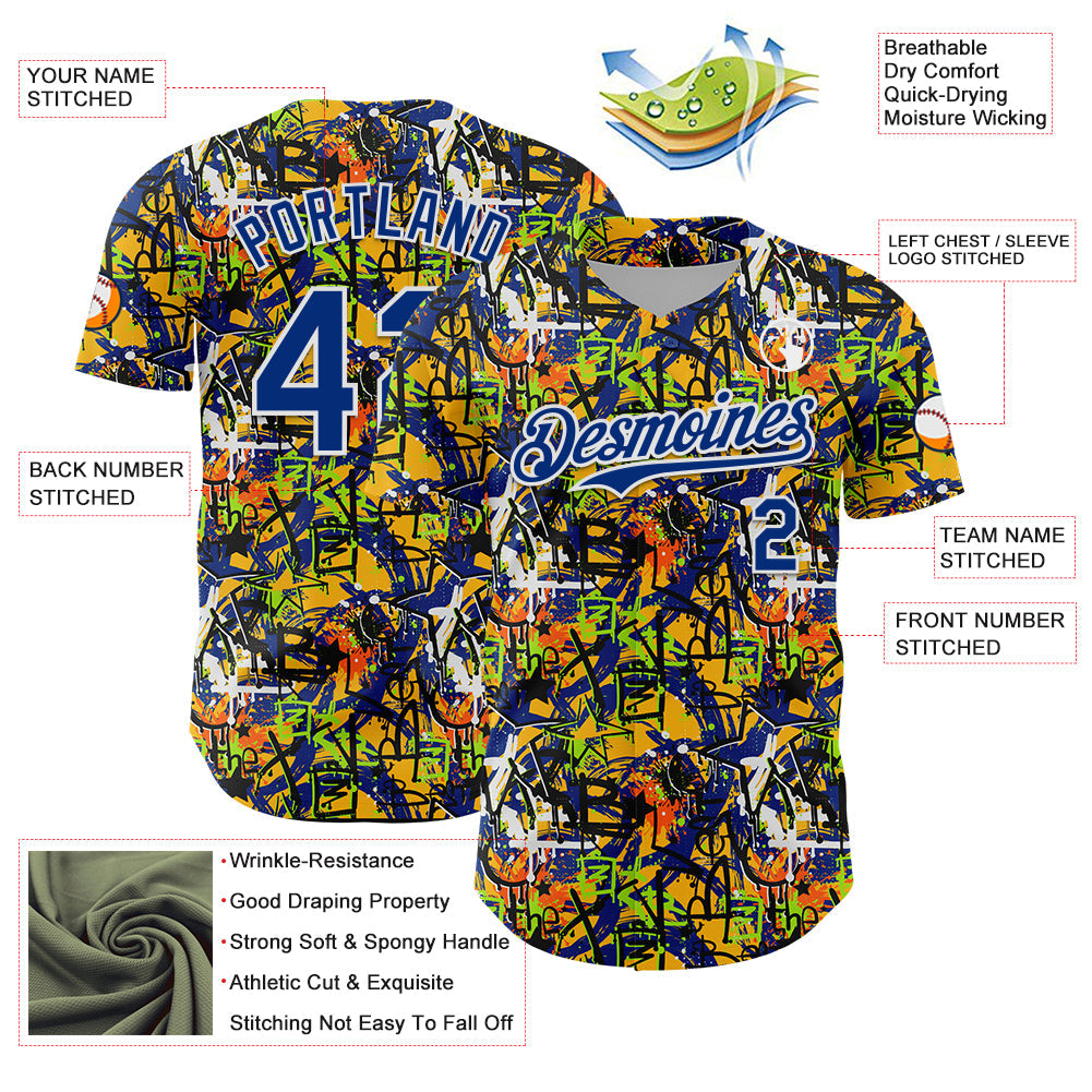 Custom Graffiti Pattern Royal-White Splatter Authentic Baseball Jersey view 3