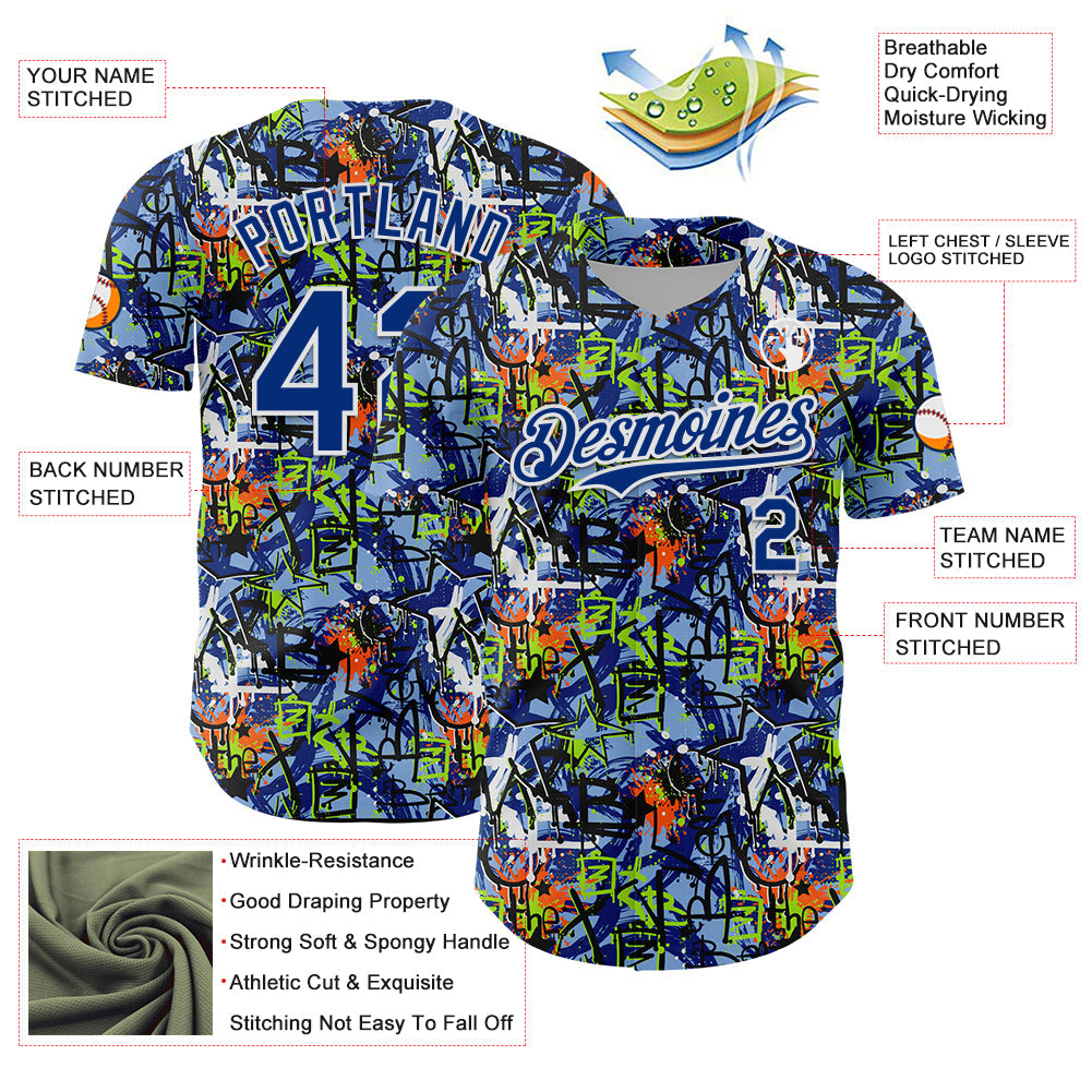 Custom Graffiti Pattern Royal-White Splatter Authentic Baseball Jersey view 3