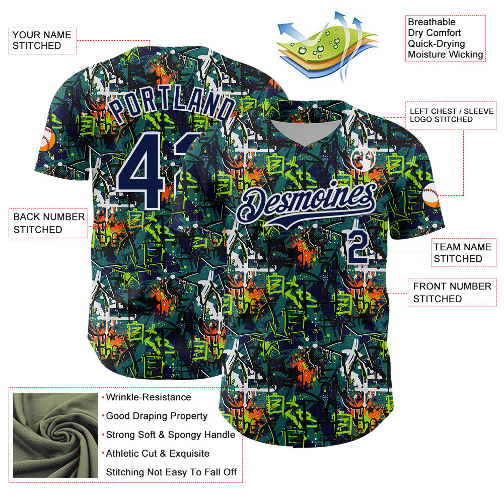 Custom Graffiti Pattern Navy-White Splatter Authentic Baseball Jersey view 3