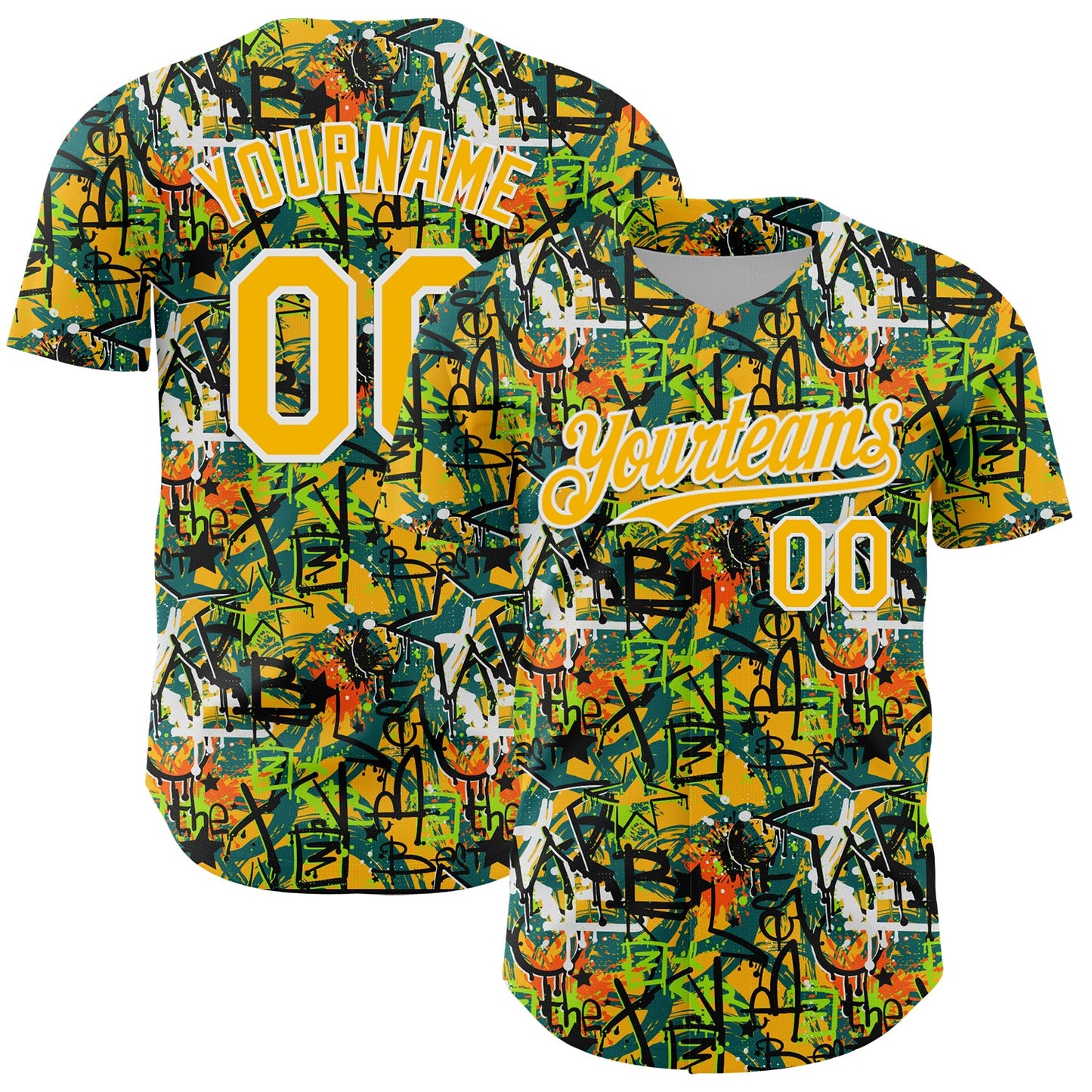 Custom Graffiti Pattern Gold-White Splatter Authentic Baseball Jersey - Main View