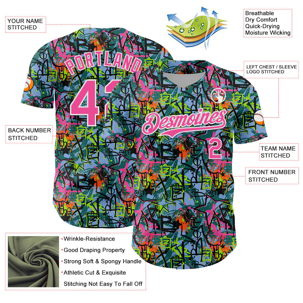 Custom Graffiti Pattern Pink-White Splatter Authentic Baseball Jersey view 3