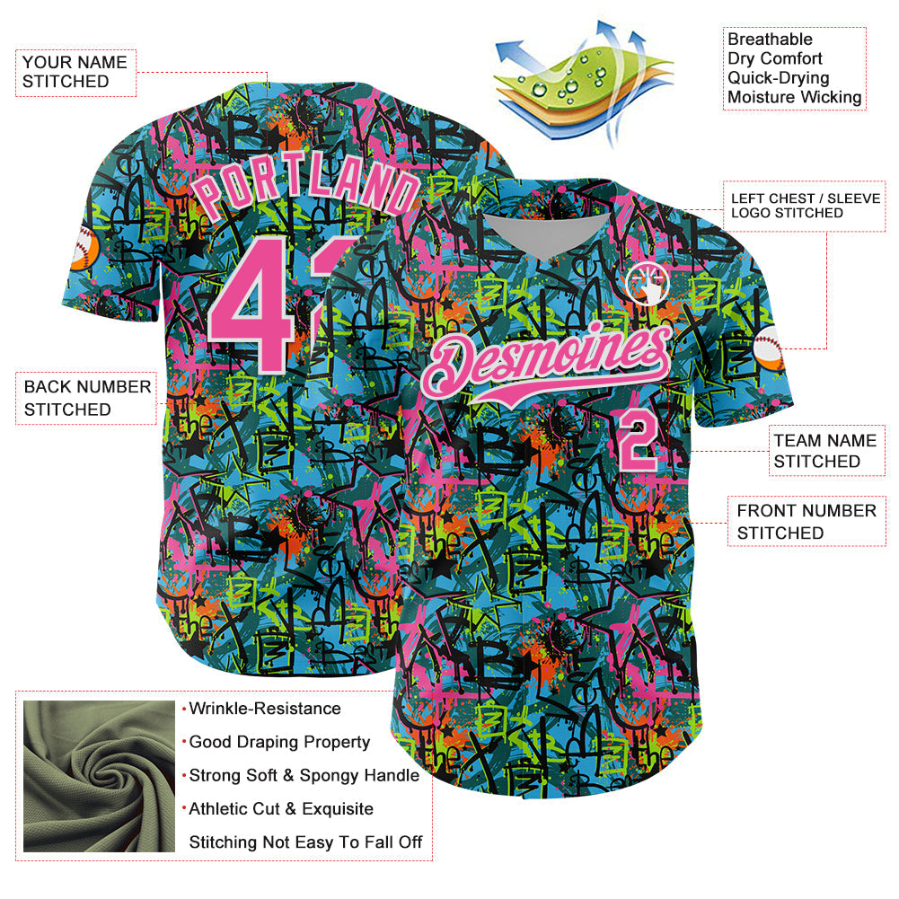 Custom Graffiti Pattern Pink-White Splatter Authentic Baseball Jersey view 3