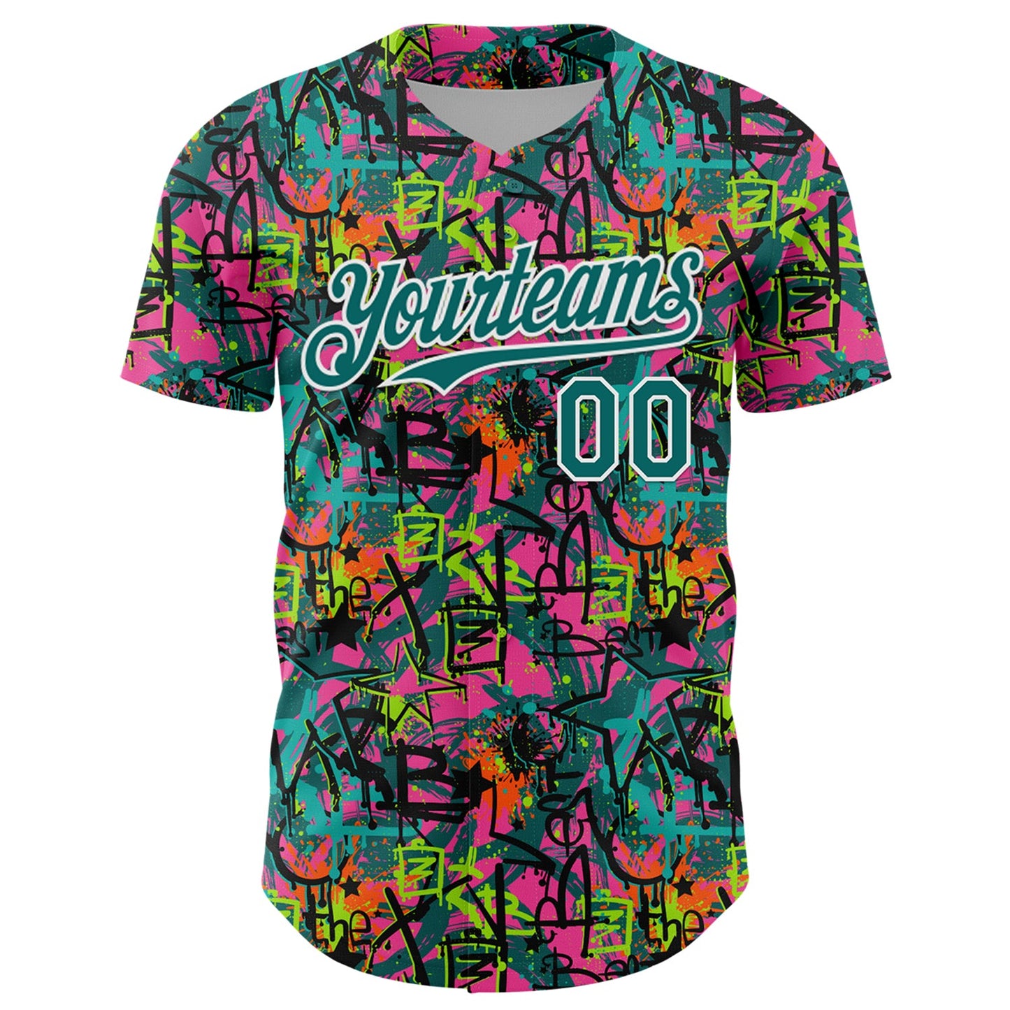 Custom Graffiti Pattern Teal-White Splatter Authentic Baseball Jersey view 2