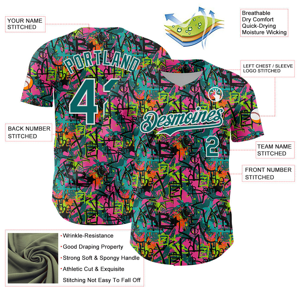 Custom Graffiti Pattern Teal-White Splatter Authentic Baseball Jersey view 3