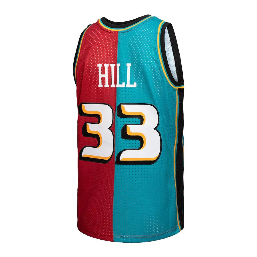 D.Pistons #33 Grant Hill Mitchell & Ness Hardwood Classics 1999-00 Split Swingman Jersey Teal Red Stitched American Basketball Jersey - Main View