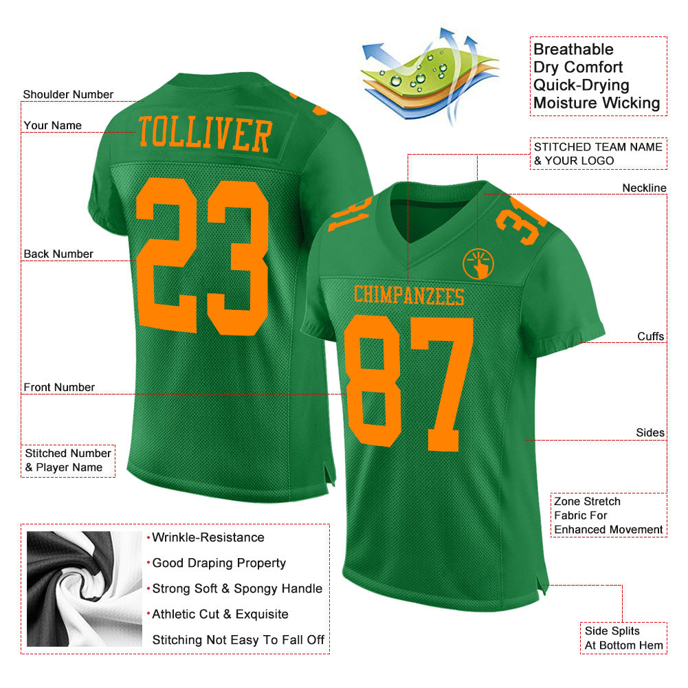 Custom Grass Green Bay Orange Mesh Authentic Football Jersey view 2