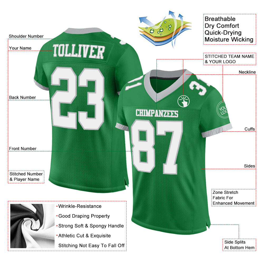 Custom Grass Green White-Gray Mesh Authentic Football Jersey view 2